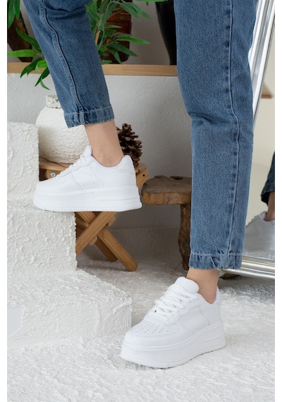 Günlük Kadın Sneaker Bağcıklı Hafif Kalın Yüksek Tabanlı Yürüyüş Nefes Alan Spor Ayakkabı 451 Beyaz