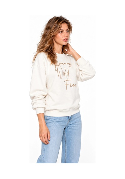Mevese Kadın Parlak Taş Baskılı Salaş Kesim Üç İplik Sweatshirt - Beyaz