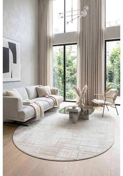 Etro Dekoratif Modern Akrilik Makine Oval Halı Et10 Bej