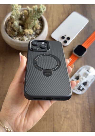 Apple iPhone 14 Pro Max Uyumlu Karbon Desenli Standlı Ve Magsafe Uyumlu Kılıf Soocase700 Siyah
