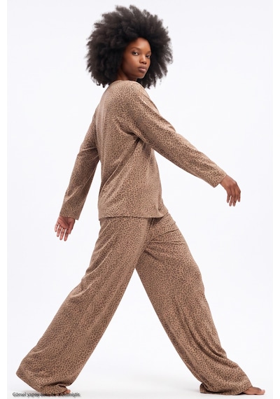 Siyah İnci Leopar Baskılı Örme Pijama Takım 8078 Vizon Leopar