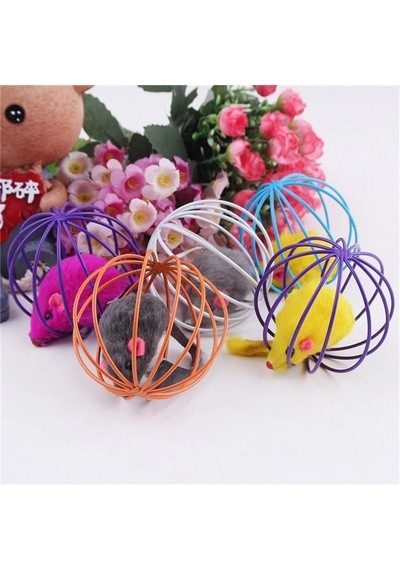 Renkli Metal Kafesli Peluş Fareli Kedi Köpek Oyuncağı Oyun Topu 6 Cm 5468