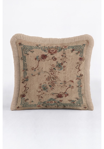 Otantik Çiçekli Saçaklı Yastık Kılıfı - Vintage Floral Bej Turkuaz Krem Püsküllü Kırlent Kılıfı Puslu Düş Opal