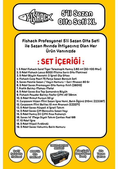 Tam Takım Sazan Olta Seti - 5'li Set - Xl - 3.60mt/50-100gr
