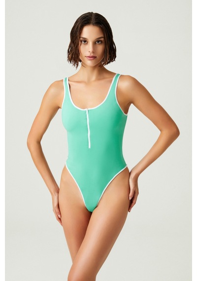 Los Ojos X Melodi Yeşil Kontrast Biye Ve Fermuar Detaylı Body Bodysuit Yeşil Yeşil