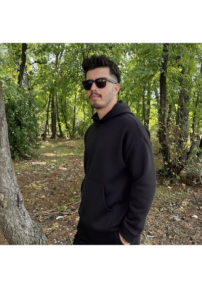 Erkek 3 İplik Basic Oversize Geniş Kesim Kanguru Cepli Kapüşonlu Sweatshirt SIYAH