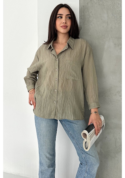 Sim Detaylı Kırışık Görünüm Oversize Gömlek Breeze haki