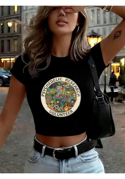 Noıssey Psychedelic Araştırma Gönüllü Baskılar Kadın Babby Tees Yaz İnce O-yaka Tişörtler Yumuşak Kısa Siyah