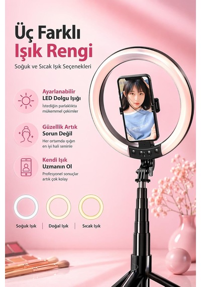 Rgb Halka Işık Uzun Tripod Selfie Çubuğu 1.9m-1200 Mah Şarjlı Kumandalı Ring Light Telefon Tutucu