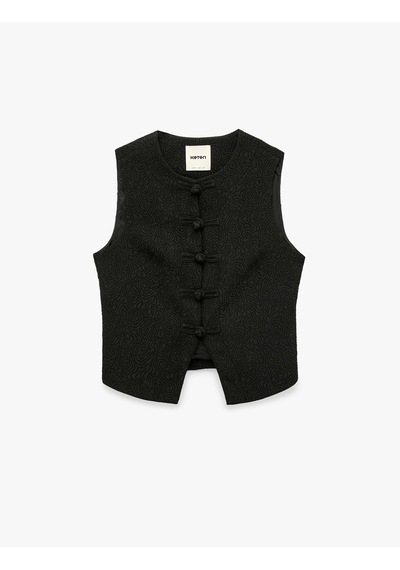 Koton Koton X Selected By Melis Ağazat - Slim Fit Dokulu Bisiklet Yaka Süs Düğmeli Yelek Siyah 7wak20386ew