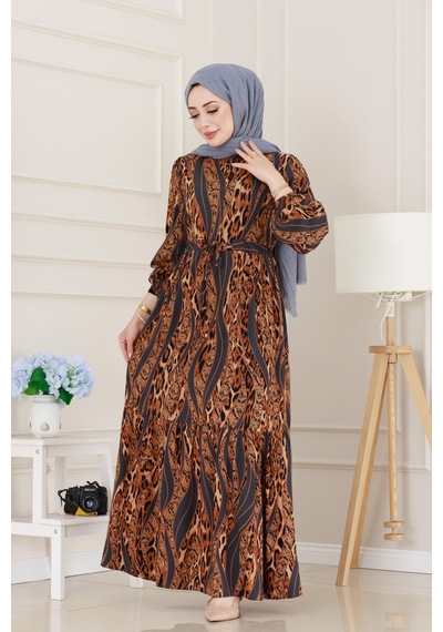 Sevitli Leopar Desenli Beli Tünelli Viscon Elbise-gri-5090 Gri