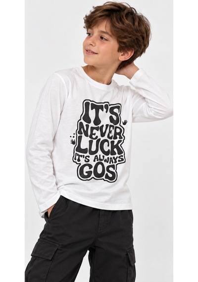 İrem Erkek Çocuk Never Luck Yazılı Uzun Kol Ekru Renk Penye İnce Sweatshirt