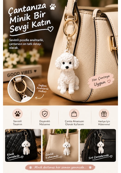Köpek Figürlü Anahtarlık Sevimli Köpek Tasarımlı Çanta Ve Araba Anahtarlığı Beyaz 3D Baskı