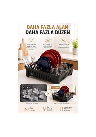 Sas Haus Bulaşıklık Tezgah Üstü Tabak Bardak Kurutmalık Plastik Bulaşık Sepeti 33x41 Cm Siyah S-10567