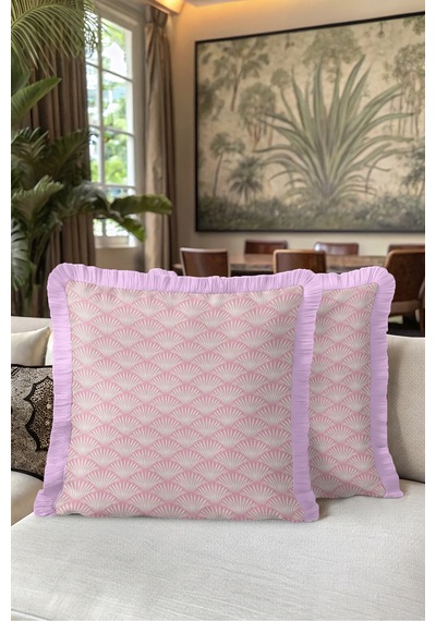 Art Deco Yelpaze Motifli Saçaklı Yastık Kılıfı - Zarif Geometrik Krem Pembe Püsküllü Kırlent Kılıfı Beyaz