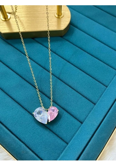 Gold Renk Parlak Pembe Taşlı Şık Zarif Ve Anlamlı Hediye Çift Kalp Çelik Kolye - 9079263089399 Gold