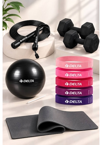 Pilates Egzersiz Seti 6 Mm Mat 5 Li Lateks Direnç Bandı 20 Cm Top Atlama İpi 1 Kg X2 Dambıl Siyah