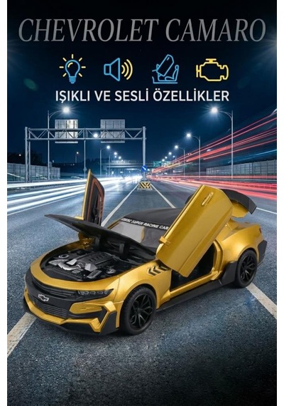 Işıklı Sesli Pilli 1:24 Ölçekli Metal Chevrolet Camaro Kapısı Kaputu Ve Bagajı Açılan Model Araba Sarı