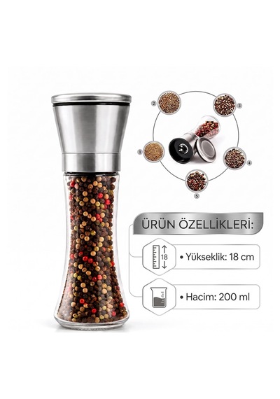 Seramik Öğütücülü 5 Kademeli Tuz Ve Karabiber Değirmeni 200 Ml Şeffaf Cam Hazne 18 Cm 2'li Set