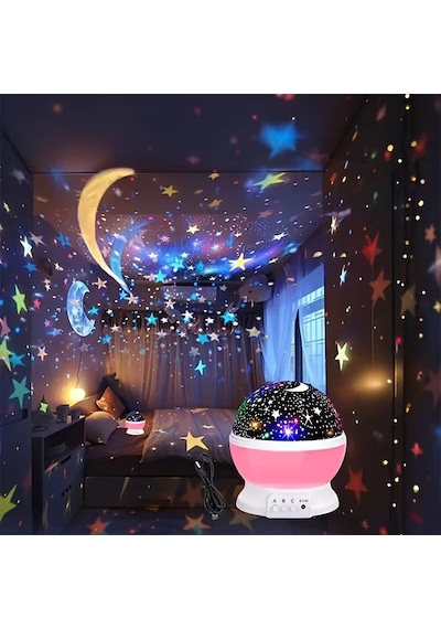 360 Dönen Yıldızlı Gökyüzü Projektör Gece Lambası Çocuk Odası Gece Lambası Usb Bağlantılı Renk Değiştiren Atmosfer Işığı Mavi/pembe/mor - Renk: Pembe