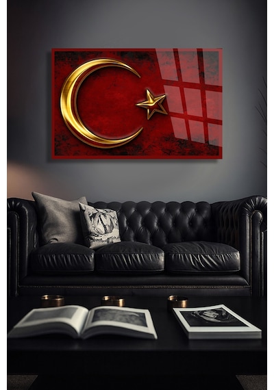 Türk Bayrağı Ay Yıldız Kırmızı Milli Cam Tablo Şık Duvar Tablosu Uv Baskılı Canlı Renkler Ev Ve İş Yeri Ev Hediyesi Parlak Cam Yüzey