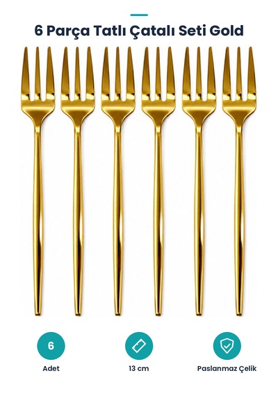 Gold Renk Tatlı Çatalı 6 Adet - 13 Cm