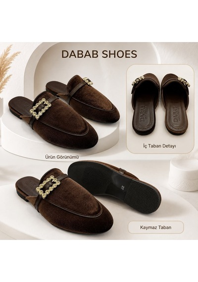 Dabab Shoes Marıgold Kadın Taşlı Tokalı Acı Kahve Kadife Görünümlü Kapalı Burun Düz Taban Mule Terlik Kahverengi