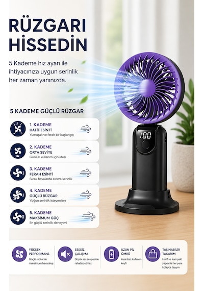 Exenar - Siyah - Şarjlı El Fanı 5 Kademeli Telefon Standlı Mini Vantilatör 300mah 180 Katlanabilir El Tipi Fan
