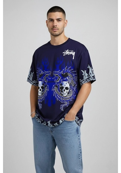 Barlashive Erkek Oversize Tişört Dragon Kuru Kafa Baskılı Bisiklet Yaka T-shirt - Lacivert Çok Renkli