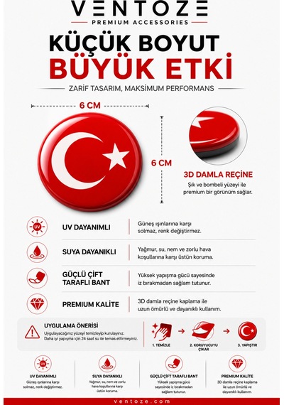Bayrak Damla Etiket 3d Reçine Logo Sticker Oto Araç İçi Dekoratif Aksesuar 6x1,5 Cm
