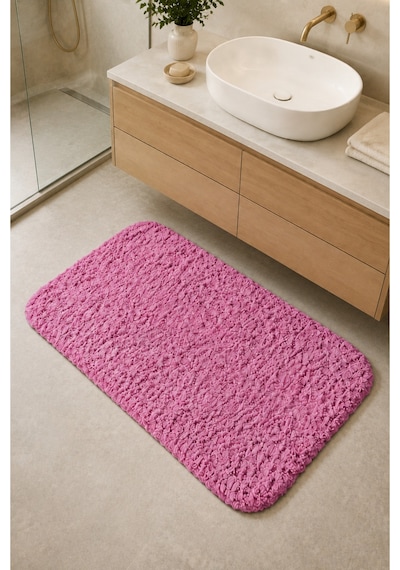 Kaymaz Jel Tabanlı Yıkanabilir Peluş Yumuşak Dokulu Dekoratif Tekli Banyo Paspası 60x100 Cm Pembe