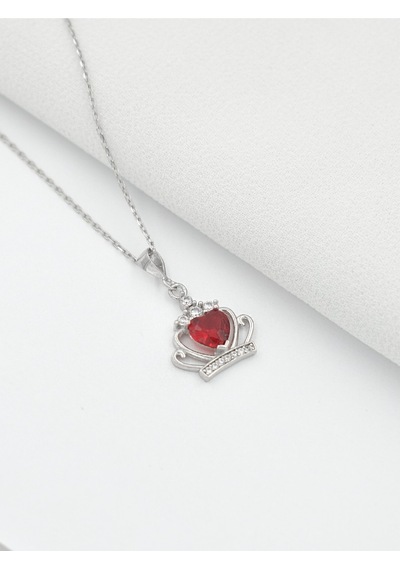 Brezza Lusso Jewelry Kırmızı Taşlı Gümüş Kraliçe Tacı Kadın Kolye 45 CM
