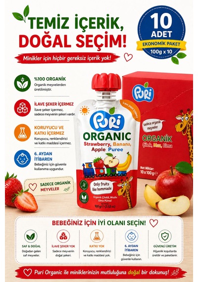 Organic Çilekli, Muzlu Elma Püresi 100 G x 10 %100 Organik İlave Şekersiz 10'lu Paket