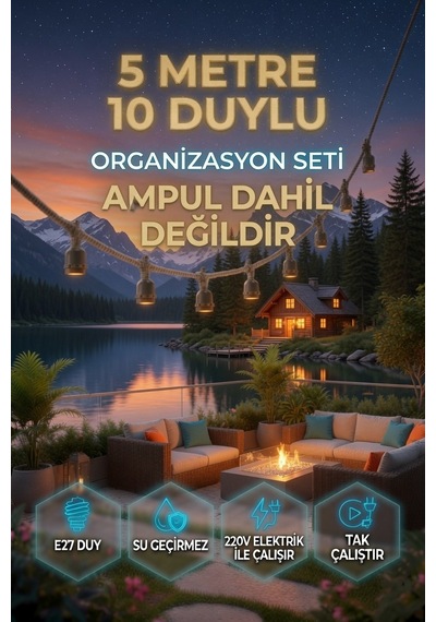 5 Metre 10 Duy Organizasyon Seti E27 Su Geçirmez 220v Bahçe Teras Festoon Ampulsüz Dış Mekan Işık Zinciri Siyah