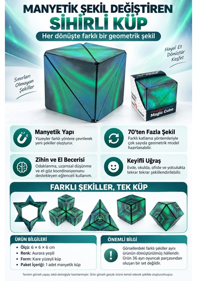 Manyetik Şekil Değiştiren Sihirli Küp Zeka Oyuncağı Stres Oyuncağı Aurora Yeşil 6x6x6 Cm