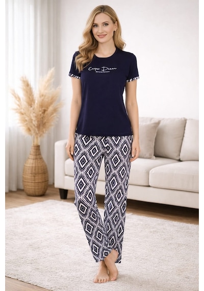 Pemilo Kadın 2004-25 Kısa Kol Likralı Bambu Pijama Takımı Lacivert