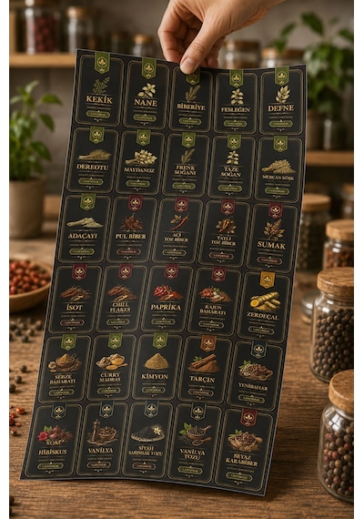 57 Çeşit Premium Baharat Etiketi Seti Suya Dayanıklı Folyo Kavanoz Sticker Siyah