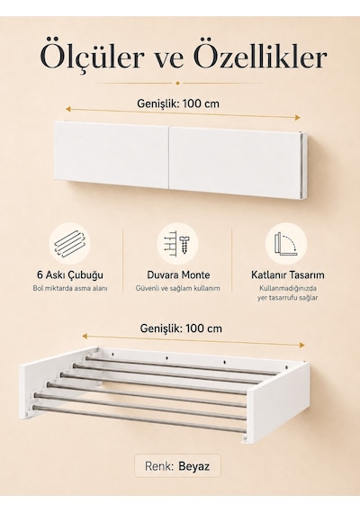Çamaşır Kurutma Askılığı Katlanır Duvara Monte Balkon Banyo Askılık Duvar Tipi Yer Tasarruflu Çamaşırlık 70 Cm Belize Beyaz