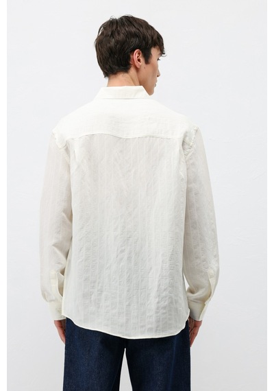 Vamos Modal Kumaş Çizgili Oversize Gömlek Beyaz