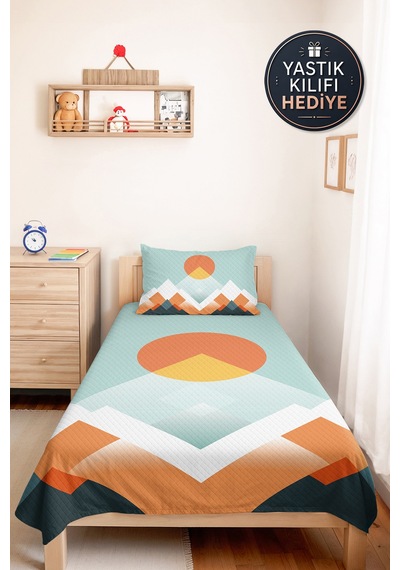 Geometrik Dağ Mint Genç Odası Tek Kişilik Pike Takımı-modern Turuncu 160x220cm Kapitone Yatak Örtüsü Kabuğu Kakao Serinliği