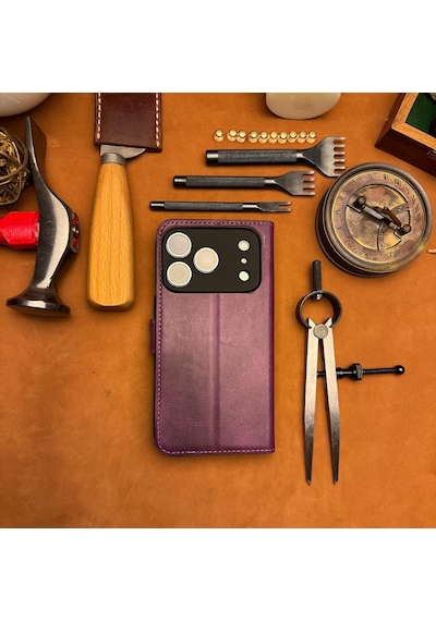 Bideri Patara Apple iPhone Uyumlu 17 Pro Hakiki Deri Cüzdan Kılıf Mor
