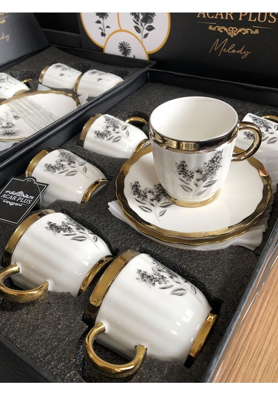 Acar Melody 6 Kişilik Porselen Kahve Fincanı Takımı 90 Ml 5142 Gold Model-3 Beyaz - Altın