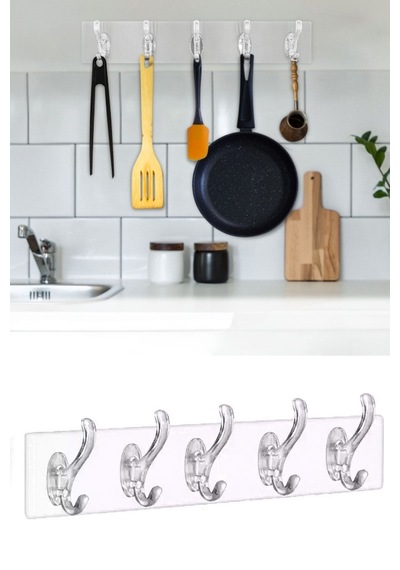 Buffer 5'li Güçlü Yapışkanlı Şeffaf Duvar Askısı Banyo Mutfak Düzenleyici Pratik Askılık 11