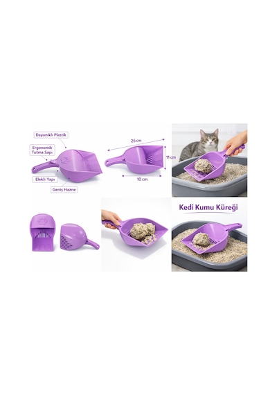 Kapaklı Kedi Kumu Küreği Elekli Ergonomik Saplı Dayanıklı Plastik Kum Temizleme Küreği 26 Cm