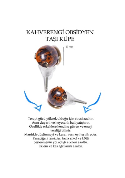 Sertifikalı Kahverengi Obsidyen Taşı Nokta Küpe Çok Renkli