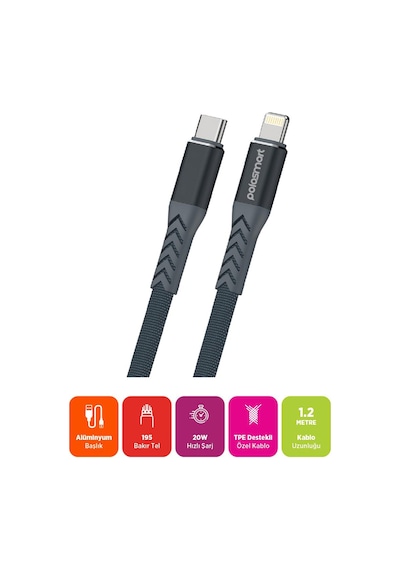 Polosmart Psm118 Type-c To Lightning 20w Hızlı Şarj Ve Data Kablosu 1.2 Metre Gri