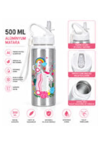 Alüminyum Matara 500 Ml Çocuk Su Matarası Pipetli Sızdırmaz Dayanıklı Taşıma İpli Belkıs Gümüş