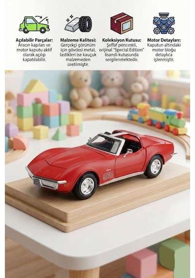 Maisto Lisanslı Metal 1970 Corvette 1:24 Ölçekli Kaputu Ve Kapısı Açılabilir Oyuncak Model Araba Kırmızı