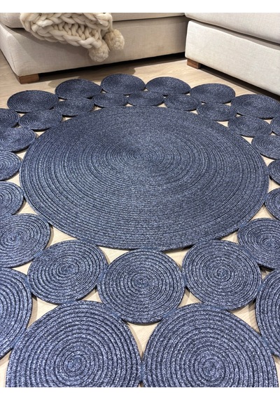 Mavaux Papatya Hasır Jüt Çiçek Desenli Kilim Halı Lacivert