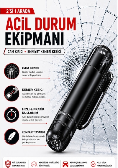 Araç Acil Durum Kiti 2'si 1 Arada Cam Kırıcı Ve Emniyet Kemeri Kesici Taşınabilir Oto Güvenlik Aparatı